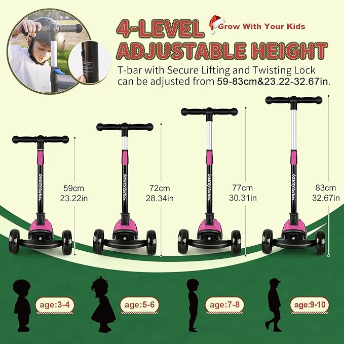 Besrey Kick Scooter for Kids Ages 3-10, 3-Wheel Folding Scooter with Adjustable Height, LED Light Wheels, Extra Wide Deck for Outdoor Activities