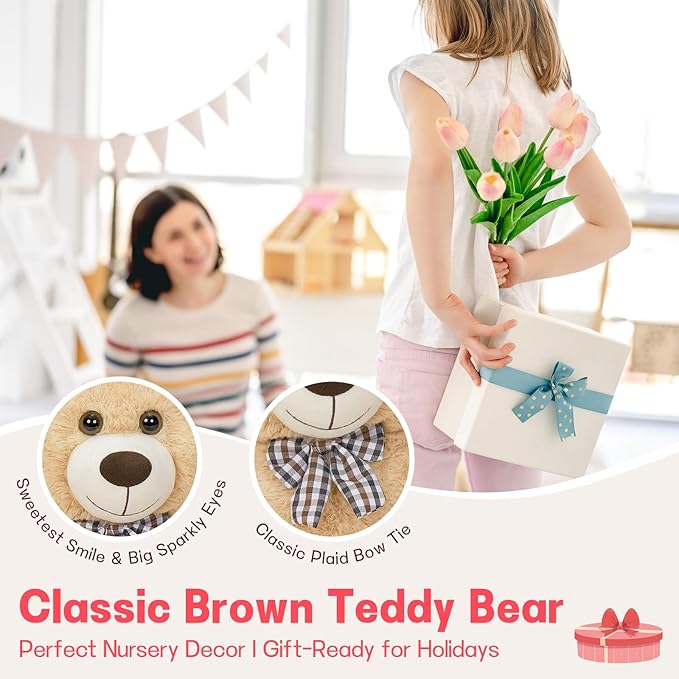 MorisMos Bow Tie Teddy Bear Stuffed Animal, 20 Inch Classic Stuffed Bears Plush, Cuddly Hugging Bear Gift for Toddler, Kids, Baby Shower & Birthday, Brown
