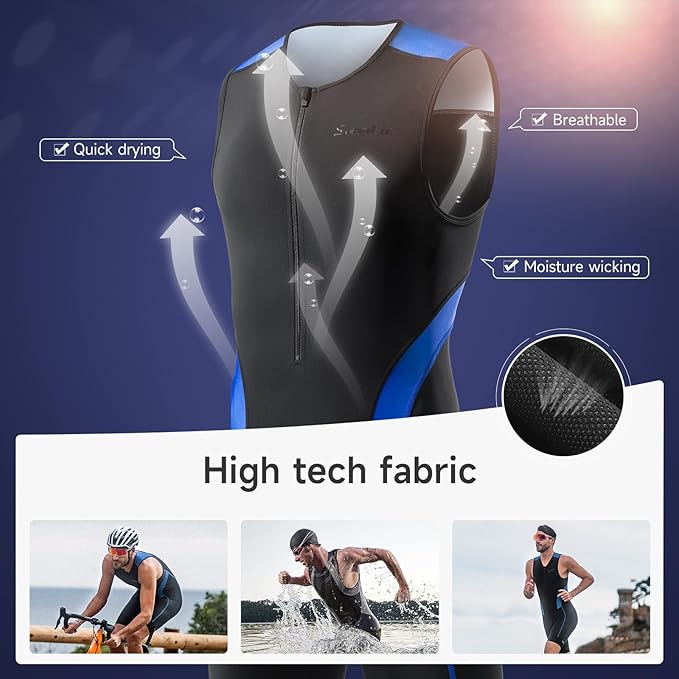 Santic Men's Triathlon Suit Sleeveless Skinsuit Padded Quick-Dry Swim Bike Run with Pockets