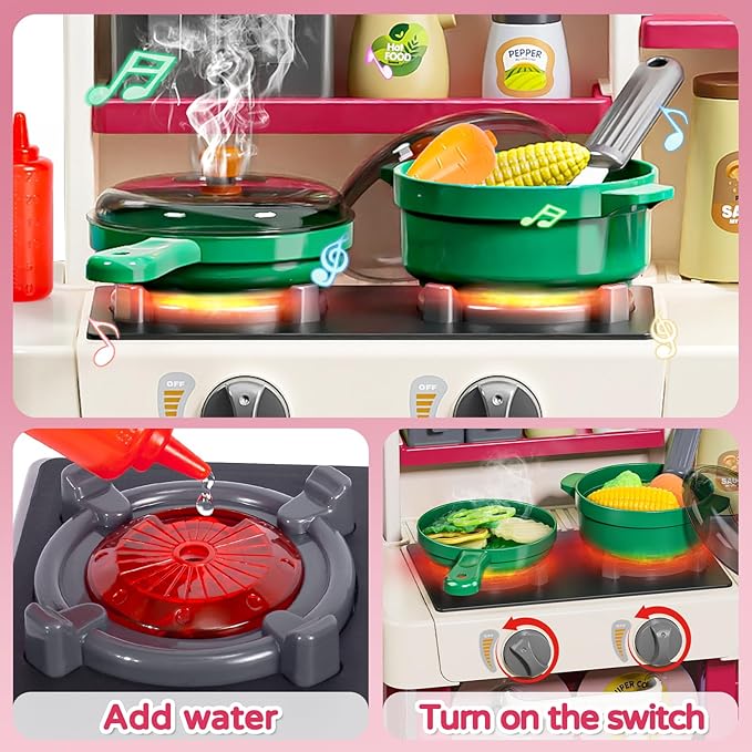 Letapapa Kids Pretend Play Kitchen Set, Kitchen Toys with Realistic Sound & Light, Cooking Stove, Sink, Play Food and Kitchen Accessories, Pretend Kitchen Playset Gifts for Toddlers Girls Boys(Red)