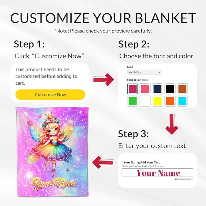 Personalized Blanket for Girls, Kids - Fairy Blankets Pink Cute Lightweight Throw Decor Gifts for Couch, Bed & Travel