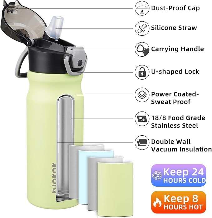 BJPKPK Insulated Water Bottle 18oz Stainless Steel Water Bottles With Straw And Carry Handle Double Wall Metal Thermo,Macaron Green