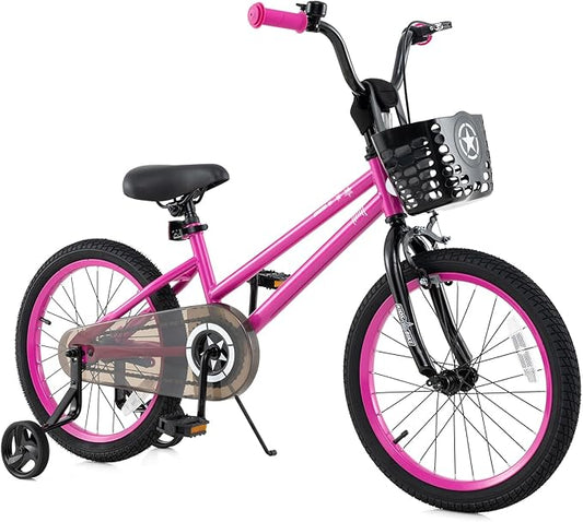 BABY JOY Starry Kids Bike, 12 14 16 18 Inch Bicycle with Training Wheels, Storage Basket, Adjustable Handlebar & Seat, Handbrake & Coaster Brake, Girls Boys Bike