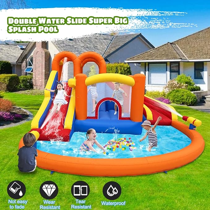14.2x12.8FT Inflatable Water Park, Giant Slide Bounce House With 2 Long Slides, Thrilling Climbs, Trampoline and Big Splash Pool - 650W Air Blower Included