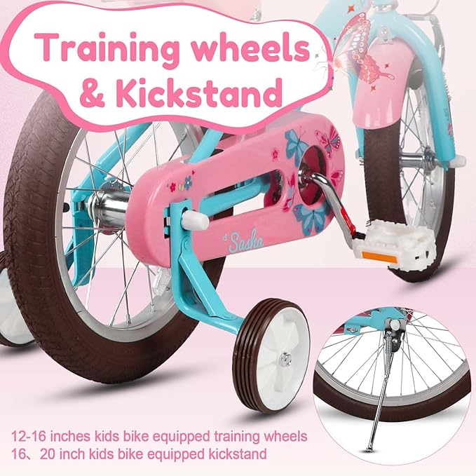 Glerc Sasha Girls Bike, 12-20 Inch Kids Bike for Ages 2-13 Years Old Children, Retro Vintage Style Kids Bicycle with Doll Bike Seat, Basket and Training Wheels, Multiple Colors