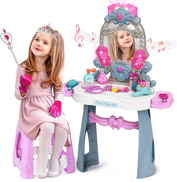 VViN Kids Vanity Set for Girls with Light & Music, Princess Vanity Table with Stool, Pretend Makeup Dresser with Crown, Scepter, Gloves & Jewelry Accessories, Toys for 3 4 5 Year Old