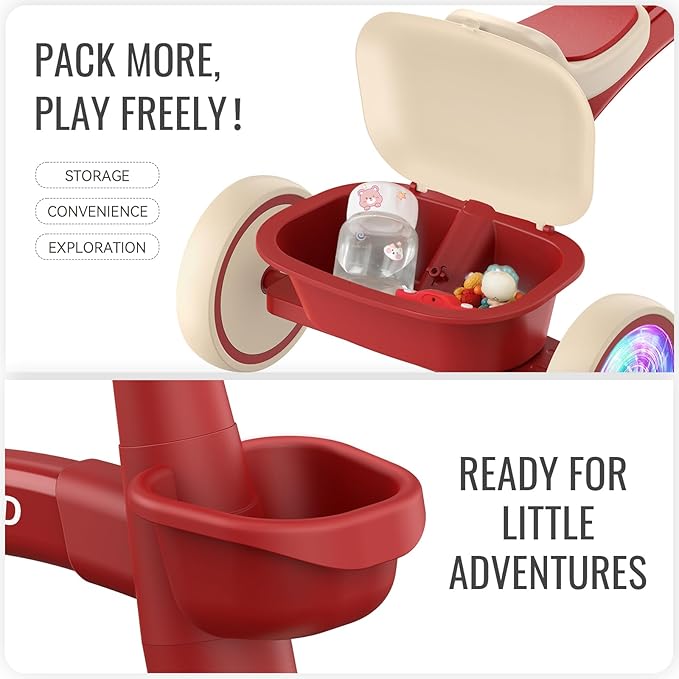 SEREED Colorful Lighting Toddler Tricycle for 2-5 Years Old Boys Girls, Adjustable Seat&Handlebar Trike, Removable Basket, Birthday Gift Idea for Kids Ages 2+ (Red)