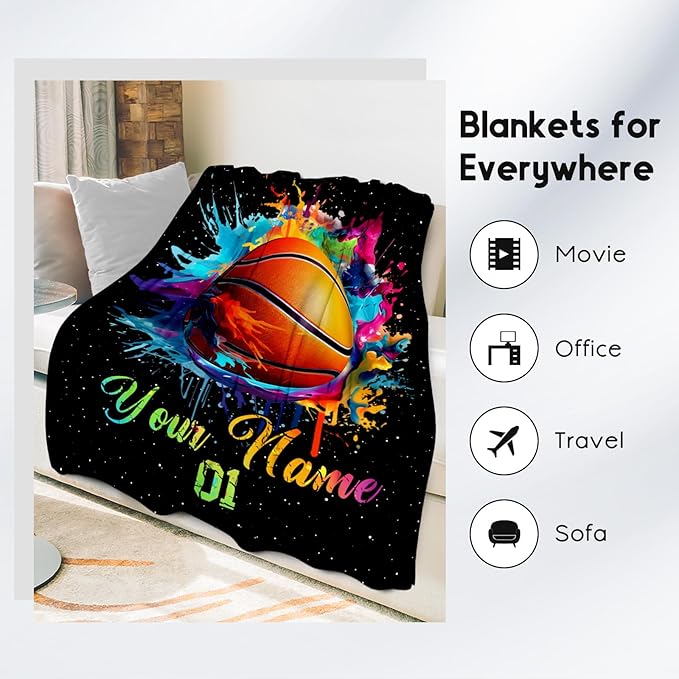 Personalized Basketball Blanket for Girls, Custom Basketball Gifts for Boys Adults Sport Lovers, Kids Throw Blankets for Team Player Couch Sofa Home Decor (Colorful, 30x40 Inch)
