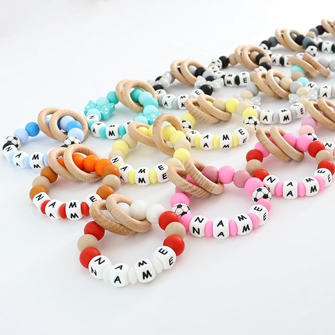 Personalized Baby Rattle Teether with Name, Customized Grasping Activity Shaker Grab Rattles, Early Educational Toys with Wood Teething Rings for Newborn Infant Toddler (Red)