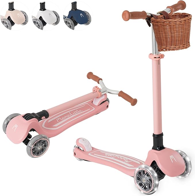 Kick Scooter for Kids Ages 3-10 (Beige/Pink/Navy/White) 3 Wheeled with LED Light-Up Wheels CPSC Certified Foldable and 4 Height Adjustable Toddler Scooters for Boys Girls