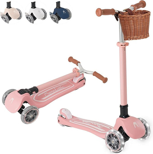 Kick Scooter for Kids Ages 3-10 (Beige/Pink/Navy/White) 3 Wheeled with LED Light-Up Wheels CPSC Certified Foldable and 4 Height Adjustable Toddler Scooters for Boys Girls