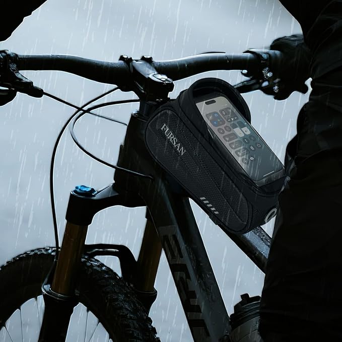 Bike Phone Holder Bags - Waterproof EVA Hard-Shell Front Top Tube Cycling Pouch, Sensitive TPU Touchscreen, Bike Frame Bag, Bicycle Phone Mount with Rain Cover, Bike Accessories, Fits 7-Inch Phones