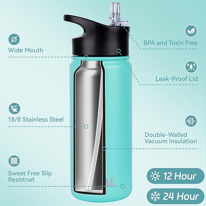 HASLE OUTFITTERS Insulated Water Bottle Kids 16 oz Double Wall Vacuum Stainless Steel Water Bottle Leak Proof for School Wide Mouth with Straw Lid & Spout Lid Keeps Cold and Hot(Mint Green,8pack)
