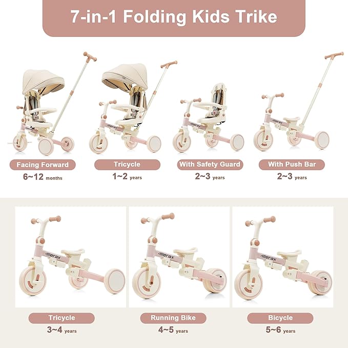 7 in 1 Baby Tricycle Toddler Trike Collapsible Frame Kid Rider Removable Pedal Ages 1Y-6Y