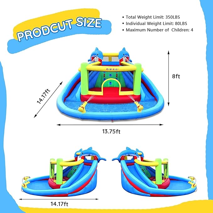 Inflatable Water Slide with Bounce House,Dolphin Styling,Splashing Pool,Double Water Cannon,Climbing Wall,Heavy Duty GFCI Blower,Inflatable Water Park Slide for Kids Backyard Summer