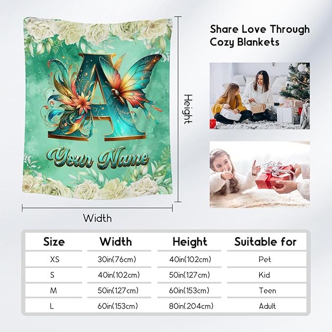 Personalized Blanket - Butterfly Blankets for Girls Women - Custom Name Gifts for Daughter - Cozy Flannel Monogram Throws - 4 Sizes for Toddler/Kids/Teens/Adults