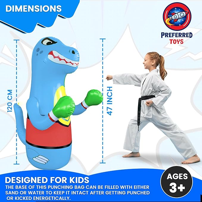Inflatable Dinosaur Punching Bag for Kids – Bop Bag for Toddlers and Children Ages 3-14 – 47" Blow Up Toy with Bounce-Back Action – Fill Base with Sand or Water