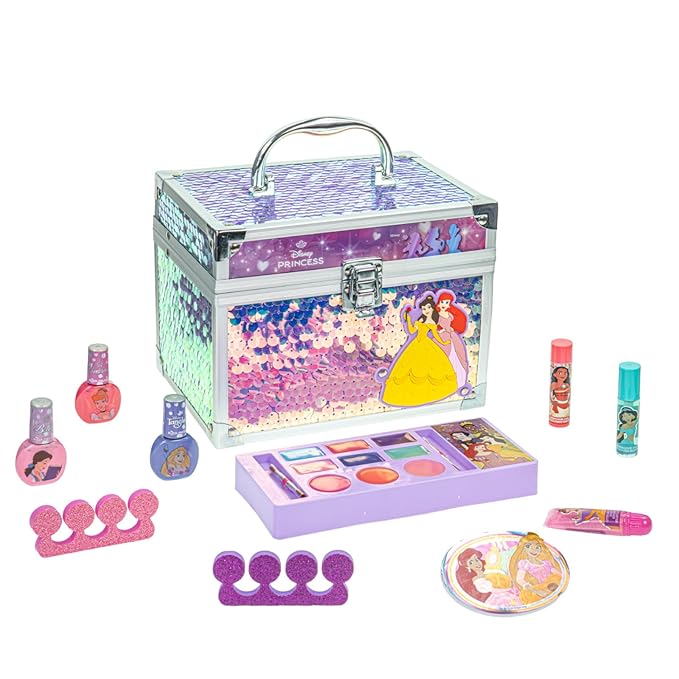 Disney Princess Train Case Beauty Set, Kids Makeup Kit for Girls, Real Washable Makeup Set, Play Makeup, Party Favor, Birthday, Ages 3 4 5 6 7 8 9 10 11 12 by Townley Girl