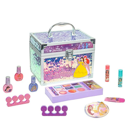 Disney Princess Train Case Beauty Set, Kids Makeup Kit for Girls, Real Washable Makeup Set, Play Makeup, Party Favor, Birthday, Ages 3 4 5 6 7 8 9 10 11 12 by Townley Girl