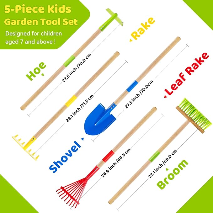 Theefun Kids Garden Tool Set: Safe Toddler Size Hoe, Rake, Shovel, Leaf Rake, Broom 5-Piece Kids Gardening Tools with Wooden Handle and Metal Head for Child Christmas Outdoor Toys Gift for Boys Girls