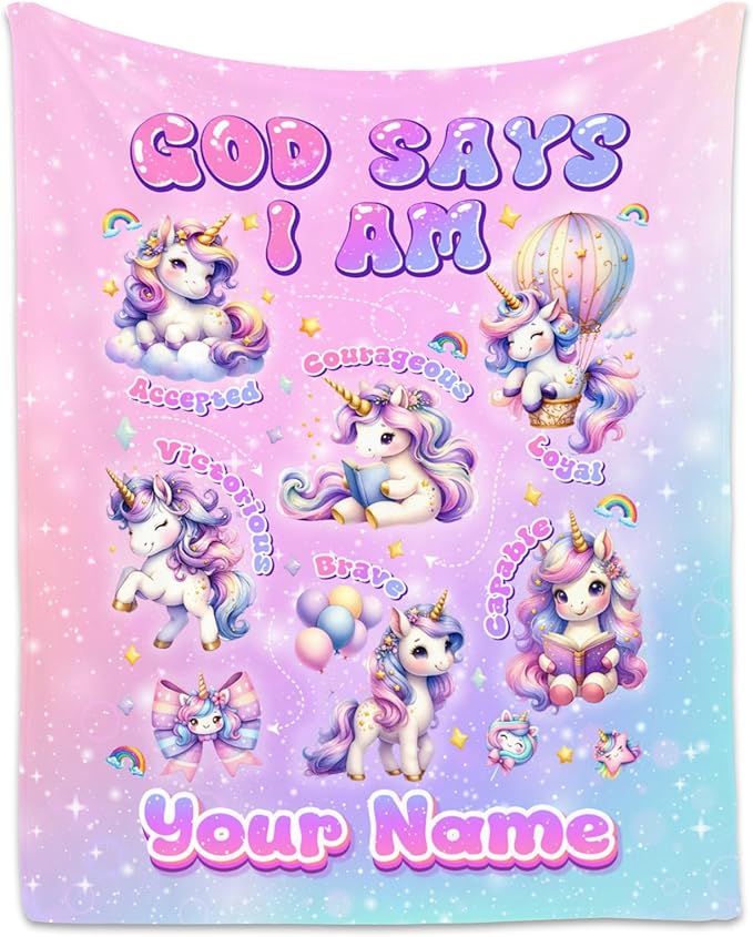 Personalized Unicorn Fleece Blanket for Girls, Women & Kids - God Says I Am Inspirational Gift for Her & Daughter - Soft Plush for Couch & Office, 30"x40"