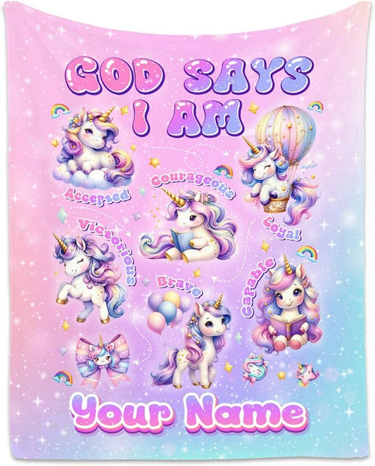 Personalized Unicorn Fleece Blanket for Girls, Women & Kids - God Says I Am Inspirational Gift for Her & Daughter - Soft Plush for Couch & Office, 30"x40"