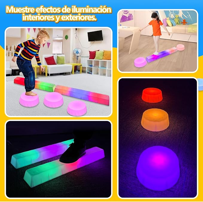 Kids Light Up Balance Beam - 3 Stepping Stones and 2 Balance Beams with 7 LED Light Colors for Active Play for Toddlers Ages 3+, Gymnastics Toy Set for Home/Playground/Party.