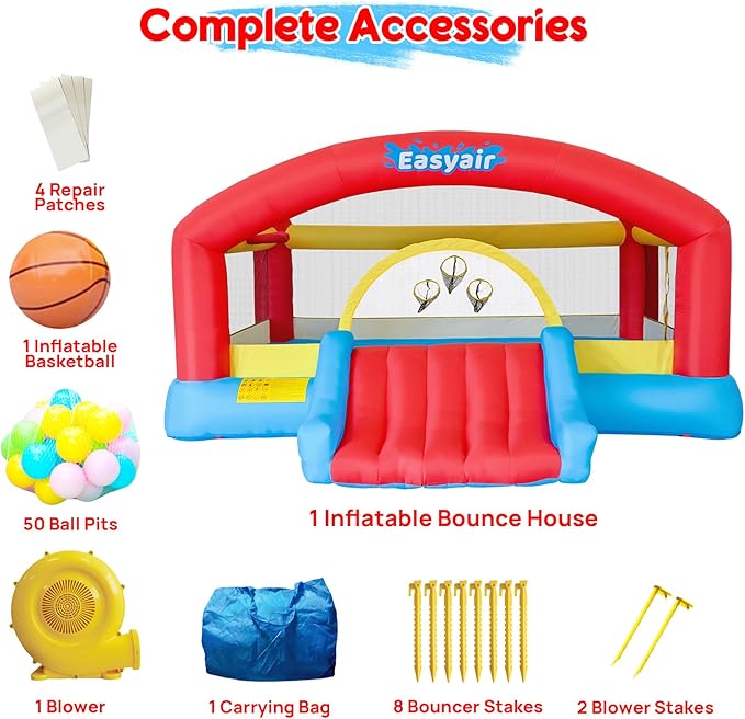 Inflatable Bounce House for Kids, 14.3 x 12.5 FT Bouncy Castle Jumper Slide with 520W Blower, Basketball Hoop, Throwing Ball Game, Ball Pits, Red