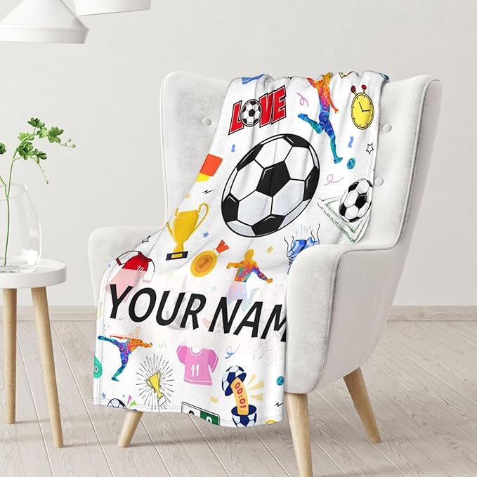 Personalized Soccer Blanket for Kids - 30x40 Inches Lap Size - Soft Fuzzy Cozy Throws Gifts for Soccer Players - Colorful Sports Throw Blanket for Couch, Living Room & Office