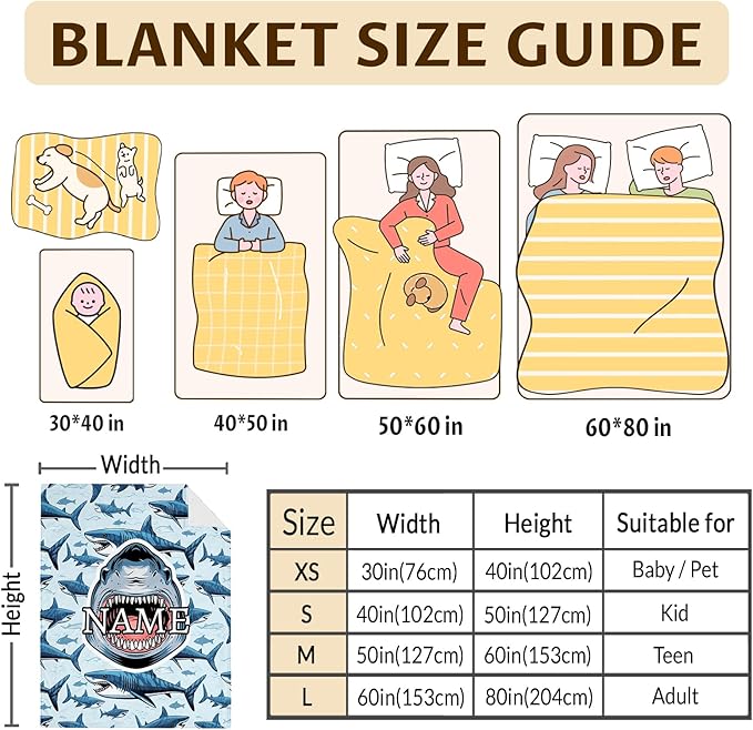 Custom Blanket for Kids Teens Boys Custom Shark Themed Stuff Throws Gifts, Personalized Plush Comfort Cozy 4 Sizes Throw for Sofa Couch Bed Office Travel Party Decor