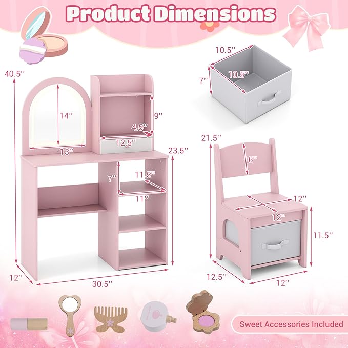 Costzon Kids Vanity with Lights, Girls Vanity Set with Mirror, Storage Drawer, Hooks & Shelves, Toddler Makeup Vanity Desk Dressing Table, Wooden Kids Vanity Table and Chair Set (Pink)