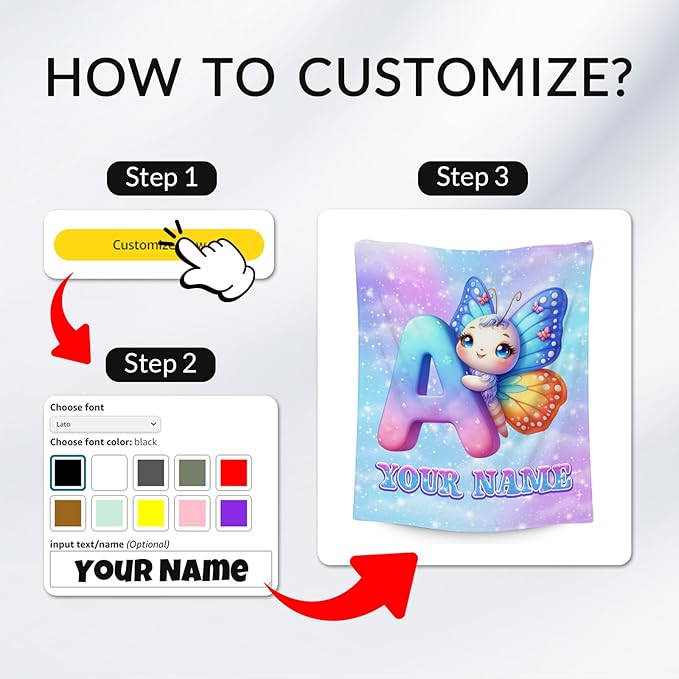 Butterfly Gifts - Personalized Girls Blanket with Name for Kids - Custom Monogram Throws for Daughter - Soft Flannel Throw Blankets - 4 Sizes for Toddler/Children/Teens/Adults