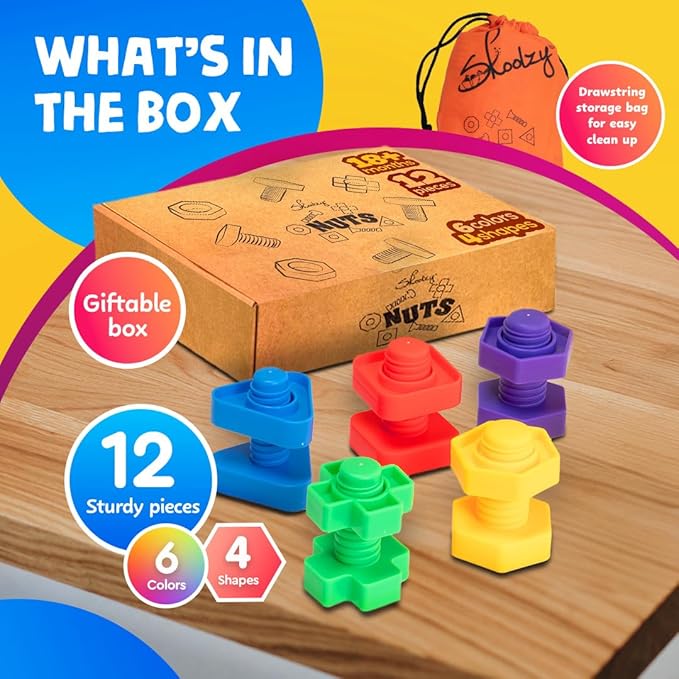 Skoolzy 12 Pc Jumbo Nuts and Bolts - Montessori Set for 18 Month+ Kids – Travel & Motor Skills Development