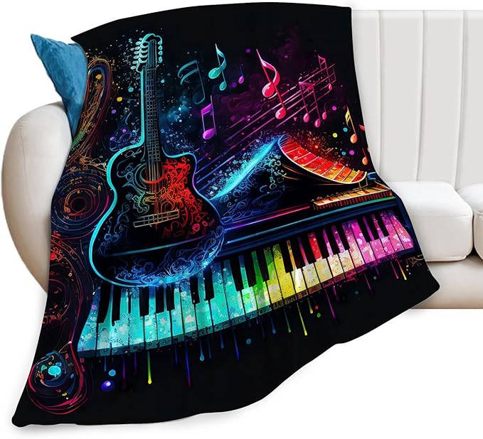 Colorful Guitar Blanket Ultra Soft Cozy Music Note Piano Throw Blanket Fleece Fuzzy Plush Bedding Rock Musical Instrument Gifts for Women Girls Kids Adults 50"x40"