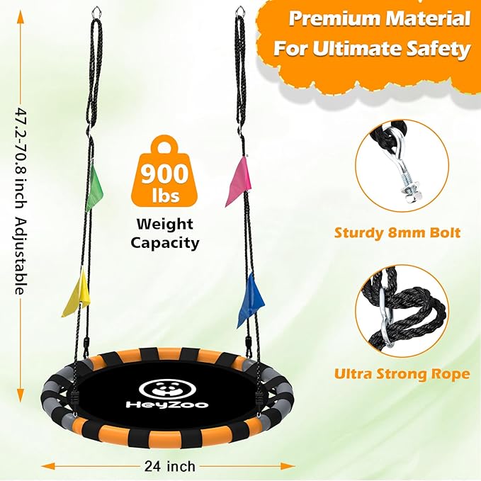 Saucer Swing, 24 Inch Swing Sets for Backyard and Outdoor Playground, 900lbs Weight Capacity, with 360 Degree Swivel, Gifts for Kids, Grey and Orange