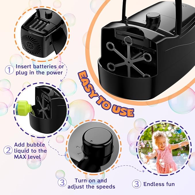 Bubble Machine, Automatic 18000+ Per Minute Big Bubbles Blower Maker for Kids Toddlers with 2 Speeds,6 Wands,Operated by Plugin or Batteries for Outdoor/Indoor Birthday Parties,Wedding (Black)