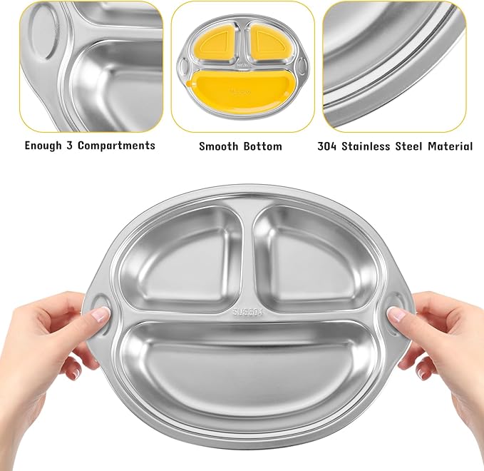 Stainless Steel Baby Suction Plates: Divided Plates for Babies and Toddlers, Made of 100% Food-Grade Materials Ideal for Baby-Led Weaning BPA-Free Toddler Feeding Dishwasher Safe Yellow