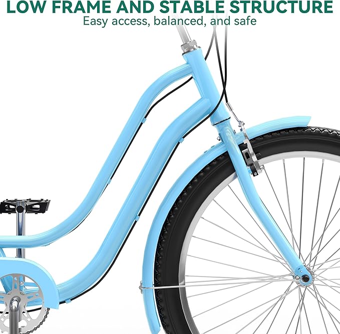 YITAHOME 24 & 26 Inch Beach Cruiser Bike, 7 Speed & Single Speed Commute Bike, Step-Through Bicycle for Adult Women & Men, Steel Frame Cruiser Bike with Full Front & Rear Fenders