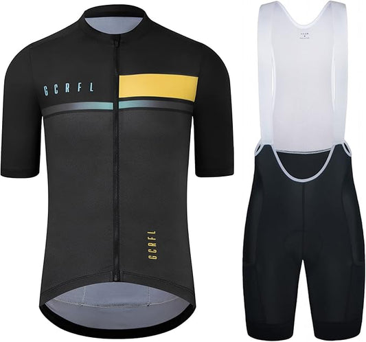 Men's Cycling Jersey Set Cycling Kit Bicycle Jersey Rear Zipper Pocket Bike Bib Shorts with Pockets Race Fit High Density Pad