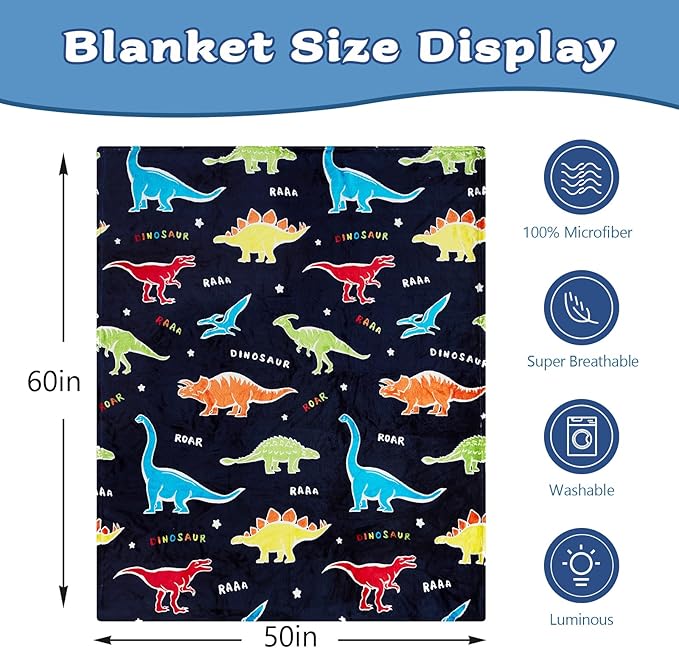 QSTEHEML Dinosaur Glow in The Dark Blanket,Dinosaur Gifts for Boys Age 3 4 5 6 7 8 9 10 11 12 Year Old, Soft Throw Blanket for Kids Boys- Christmas Birthday Bedroom Decor 50"×60"