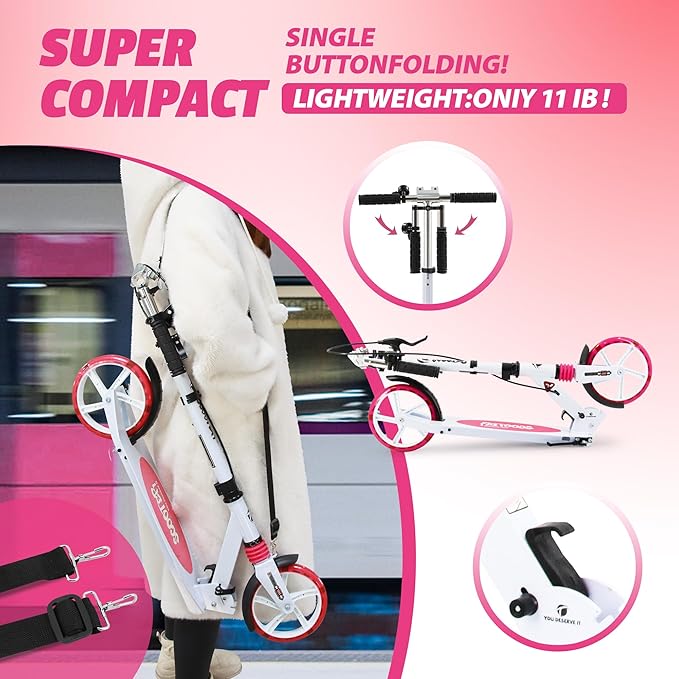 Scooter for Kids Ages 8+ Teens & Adults, Lightweight Kick Scooter with Carry Strap Adjustable Height Equipped with Front handbrake and Rear Brake, Big Sturdy PU Flash Wheels