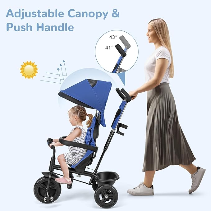 INFANS Kids Tricycle, 6 in 1 Baby Trike Toddler Bike with Reversible Seat, Adjustable Push Handle, Control Direction, Removable Canopy, Safety Harness, Belt, Storage, 9-60 Months (Blue)