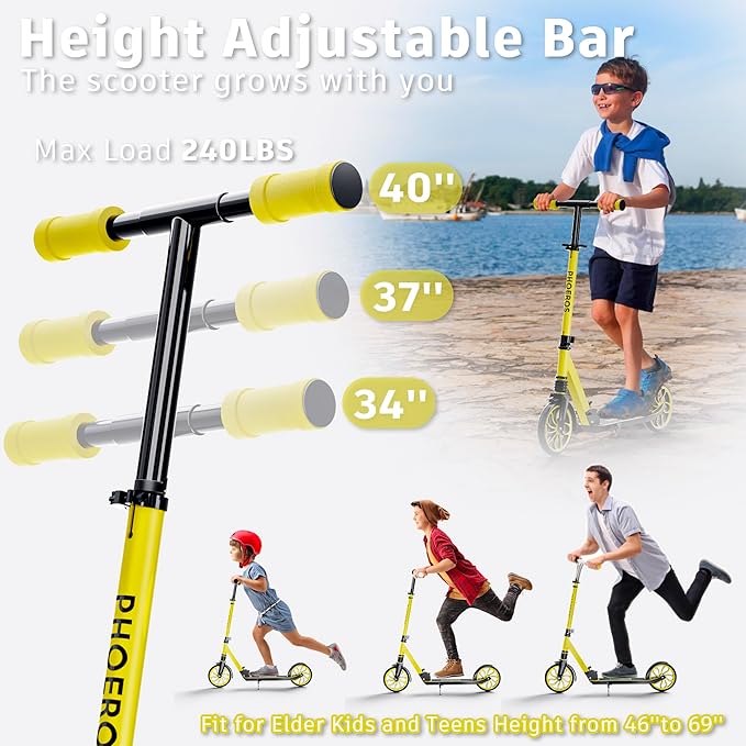 PHOEROS Kick Scooter for Kids Ages 6-12,Teens & Adults, Youth. Lightweight Aluminum Kick Scooter for Teens Adults Boys Girls with 8 inch Big Wheels, Foldable, 3 Height Adjustable, Shock Absorption.