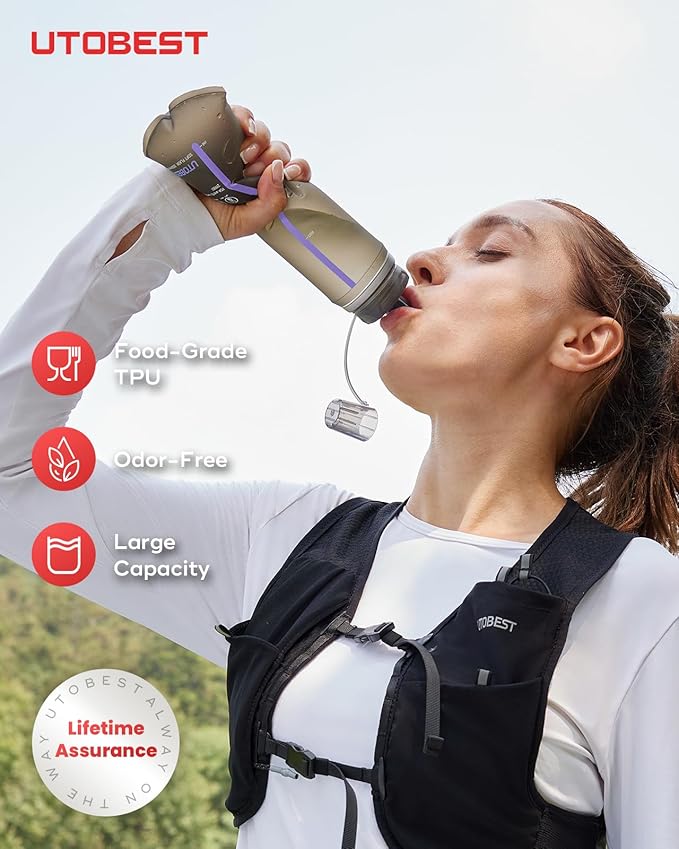 UTOBEST 500ml Soft Flask, 2 Pack Flexible TPU Hydration Water Bottle, Collapsible with 42mm Caliber for Running, Hiking, Cycling, Climbing, and Marathon Purple