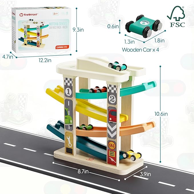 TOP Bright Toddler Wooden Race Track Car Ramp Toys for 1 2 Year Old Baby Motor Skills Race Tracks Car Ramp Vehicle Playsets with 4 Mini Cars and 1 Car Garage