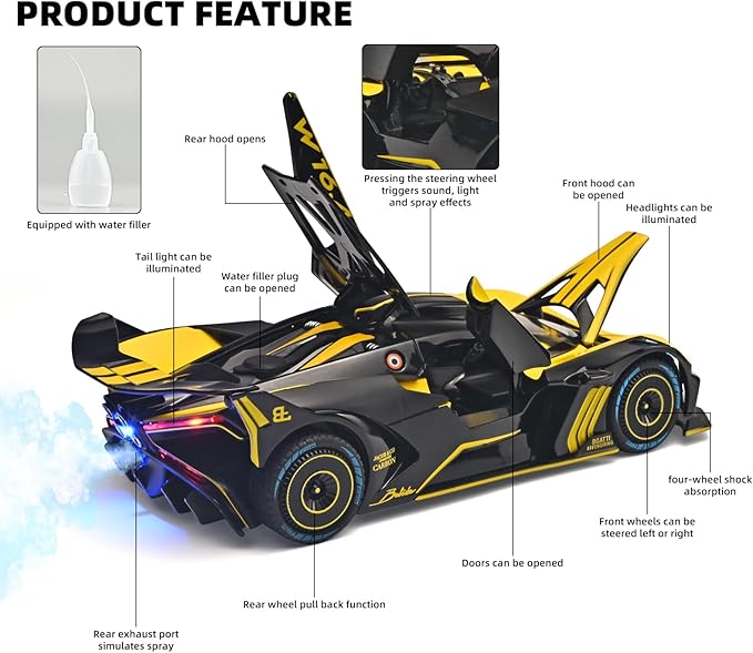 Toddler Car Toys 1/24 Diecast Cars Compatible for Bolide Model Car Collection,Spray Bolide Toy Car for Boys,Pull Back Cars with Light and Sound,Toy Cars for Boys Age 4-7（Yellow）