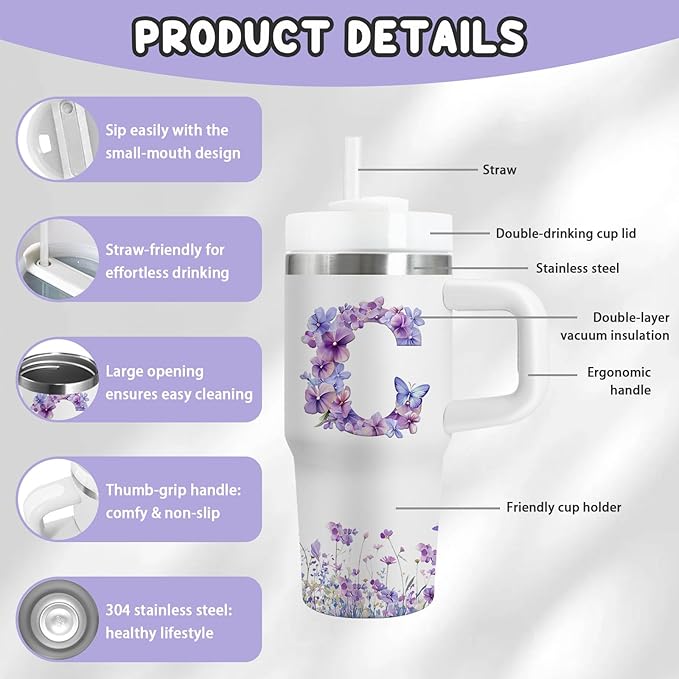 Letter C Tumbler Gifts, 14oz Letter C Themed Tumbler with Handle and Straw, Stainless Steel Double Wall Vacuum Insulated Cup Keep Hot Cold - 14oz Travel Mug with Lid Tumblers for Home Work Outdoor Use