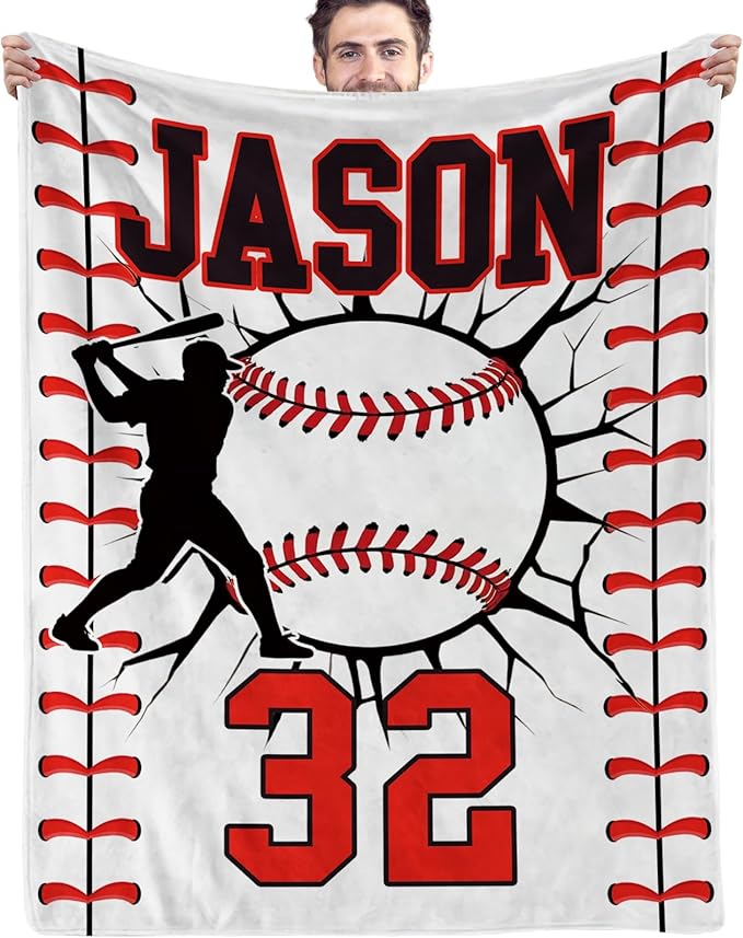 Personalized Baseball Blankets with Name Numbers, Custom Baseball Team Game Throw Flannel Blankets Stuff Gifts for Boys Sports Lover Fans Kids Adult