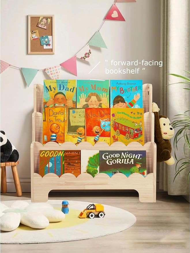 Kids Bookshelf Wooden 3-Tier, Scalloped Book Shelf for Kids Rooms, Front Facing Toddler Montessori Bookshelf, Baby Nursery Book Shelves Kid Classroom Book Shelf Bookcase