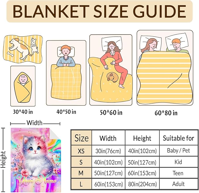 Personalized Blanket for Girls, Cat Throw Blanket Gift for Kids Teens Cats Lovers, Custom 50"x40" Soft Cozy Flannel Blankets for Couch Sofa Bed Bedroom Decor